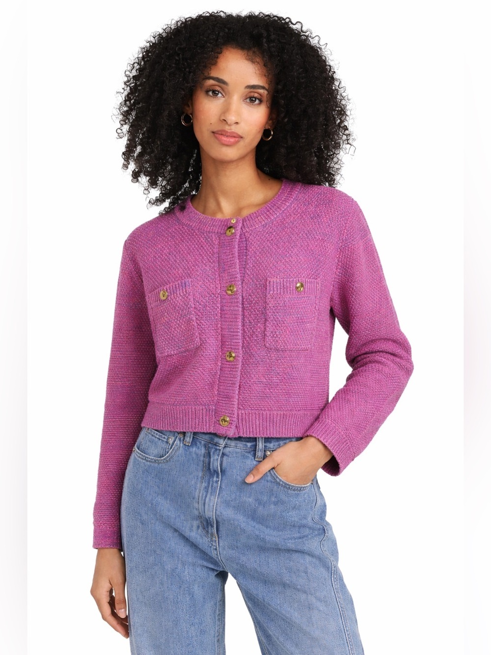 Marled Pink Purple Metallic Knit Cardigan Sz M Gold Button Pocket Y2K Style